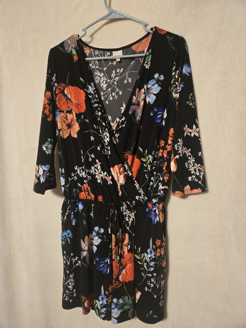 Black Floral Wrap Dress with Orange & Blue Blooms
